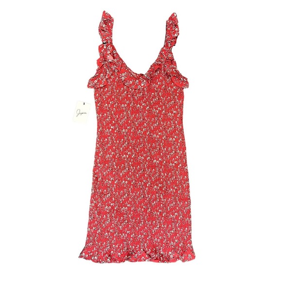 NWT Japna Women's Bodycon Stretch Dress Red Floral Sleeveless Ruffle V Neck - M - Picture 2 of 11